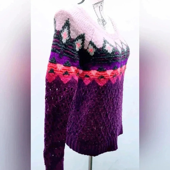 American Eagle Sweater Fair Isle Crew Neck wool blend Purple Orange Pinks Size L - Picture 5 of 13